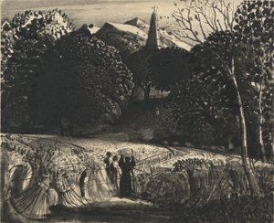 Cornfield and Church by Moonlight (ecset és fekete tinta papíron) alkotó: Samuel Palmer