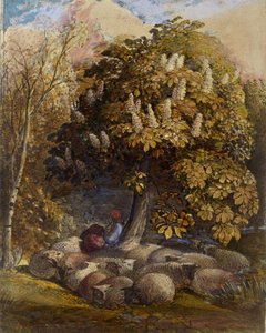 Pasztorál gesztenyefával, 1830-31 körül (akvarell és testfesték) alkotó: Samuel Palmer