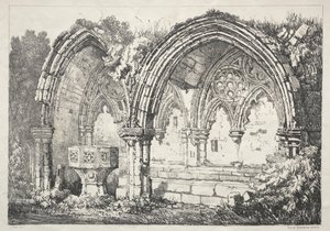 Régi épületek és vidéki nyaralók sorozata Észak-Angliában: Kirkham Abbey része, 182 alkotó: Samuel Prout