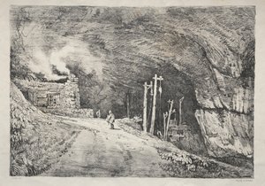 Régi épületek és vidéki nyaralók sorozata Észak-Angliában: Peak Cavern, 1821. alkotó: Samuel Prout