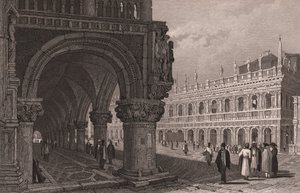 A Dózse-palota (Palazzo Ducale) árkádsorának rövidítése, kilátással a Szent Márk térre és a Könyvtárpalotára, Velence, Veneto, Olaszország, Samuel Prout (1783-1852) rajza alapján készült acélmetszet, kb 15x11,5 cm alkotó: Samuel Prout