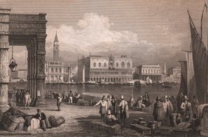 Kilátás a Szent Márk-medencére, Velence, Veneto, Olaszország, acélmetszet Samuel Prout (1783-1852) rajza alapján, kb 15x11,5 cm alkotó: Samuel Prout