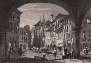 Kilátás a Domodossola-i piactérre, Piemont, Olaszország, acélmetszet Samuel Prout (1783-1852) rajzából, kb 16x11 cm alkotó: Samuel Prout