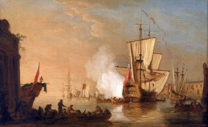 Brit hadihajó ágyúval üdvözli a kikötőbe érkezéskor, amelynek épületei egy földközi-tengeri kikötőt idéznek. Olaj, vászon, 1765 körül, Samuel Scott (1702-1772) alkotása. alkotó: Samuel Scott