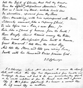 Coleridge Himnusz napkelte előtt a Chamouni völgyében című versének utolsó sorai, amelyet a költő saját kézírásával írt, és levélben küldték el Devizes-i Brabantnak, 1815