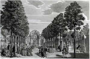 A diadalívek, Händel szobra a Vauxhall Gardens déli sétányában, John S. Muller metszetével (kézzel színezett rézkarc és metszet) alkotó: Samuel Wale