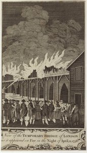 A londoni ideiglenes híd látképe, amint 1758. április 11-én éjjel kigyulladt. alkotó: Samuel Wale