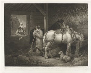 Gesprek in de stal Rusztikus beszélgetés (cím a tárgyon) alkotó: Samuel William Reynolds (I)