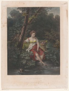 Fiatal nő virágkoszorúval és lábbal a vízben La Baigneuse (cím a tárgyon) alkotó: Samuel William Reynolds (I)