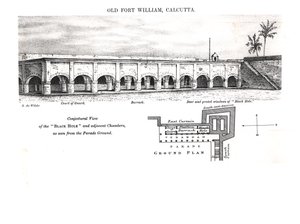 Old Fort William, Calcutta, sejthető kilátással a „fekete lyukra” és a szomszédos kamrákra, a felvonulási térről nézve