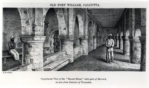 Old Fort William, Calcutta, sejthető kilátással a „fekete lyukra”, a barakk egy részével, a veranda belsejéből nézve
