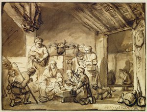 A Pásztorok imádása (toll és tinta mosás fekete krétával papíron) alkotó: Samuel van Hoogstraten
