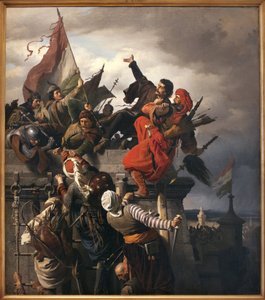 Dugovics Titusz (? -1456) áldozata. Magyar nemzeti hősök, amelyet Belgrád ostrománál tüntettek ki az Oszmán Birodalom. Wagner Sándor (1838-1919) festménye, Olaj, vászon