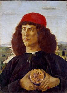 Cosimo de Medicis érmét (Cosimo de Medici) tartó ismeretlen férfi portréja. Alessandro di Mariano de Philippi festménye, Sandro Botticelli (1445-1510). Tempera, vászon, 57,5 ​​x 44 cm alkotó: Sandro Botticelli