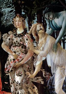A tavasz. Részlet: Zephyr megragadja az átlátszó fátylat viselő nimfát Chlorist és Flora virágruhájában (Festmény alkotó: Sandro Botticelli