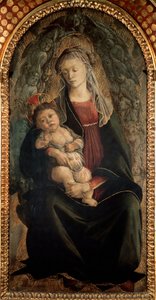 Szűz és gyermek dicsőségben szerafin angyalokkal körülvéve Detrempe fán, Alessandro di Mariano dei Filipepi, Sandro Botticelli (1445-1510) 1469-1470 Méret: 120x65 cm Firenze Uffizi Galéria (Uffizi) alkotó: Sandro Botticelli