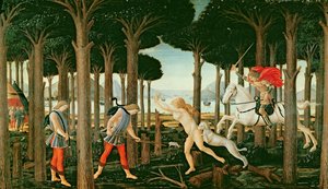 Nastagio látomása a kísérteties üldözésről az erdőben: Nastagio degli Onesti története I. jelenete, 1483 körül (tempera a panelen) alkotó: Sandro (and workshop) Botticelli