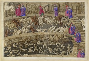 A Divina Commedia, Inferno XVIII. Vergilius és Dante a pokol nyolcadik körében (Malebolge), 1. és 2. bolgia: a kerítők és csábítók, a hízelgők és a prostituáltak büntetése alkotó: Sandro Botticelli