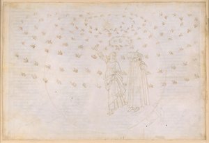 A Divina Commedia, Paradiso XXIII. A nyolcadik szféra (állandó csillagok égboltja): Krisztus diadalának látomása; Dante meglátja Beatrice-t valódi alakjában; Mária körtánca és a tizenkét apostol alkotó: Sandro Botticelli