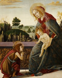 A Madonna és a gyermek az ifjú Keresztelő Szent Jánossal egy tájban alkotó: Sandro Botticelli