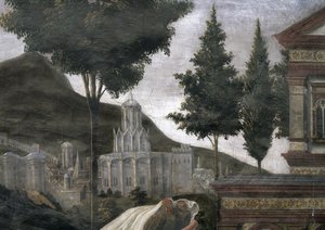 A leprás megtisztulása és Krisztus megkísértése, a Sixtus-kápolnában: egy képzeletbeli város részlete tájban, 1481-es freskó alkotó: Sandro Botticelli