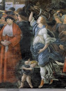 A leprás megtisztulása és Krisztus megkísértése, a Sixtus-kápolnában: tűzifát hordozó nő és szőlőt hordozó kisfiú részlete, 1481-es freskó alkotó: Sandro Botticelli