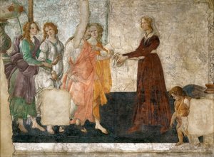 Vénusz és a három grácia ajándékokat ajánl egy fiatal lánynak, 1484-1486 alkotó: Sandro Botticelli