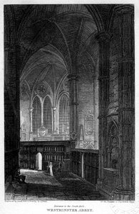A déli folyosó bejárata, a Westminster Abbey, London, 1816.