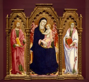 Madonna és gyermeke szent Majorral és János evangélistával, oltárkép alkotó: Sano di Pietro