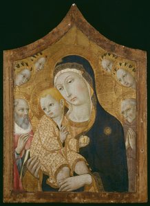 Szűz Mária és gyermeke Jeromos, Sienai Bernardino és angyalokkal alkotó: Sano di Pietro
