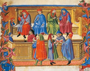 A Kereskedelmi Törvényszék miniatűrje a kereskedők statútumából, Sano di Pietro (1472), Olaszország, 15. század.