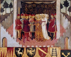 Siena város nemesi házaspár esküvői szertartása Sano di Pietro (1406-1481) festménye, amely egy Bicchernát díszít (Siena város számviteli nyilvántartásának borítója) 1473. Siena Archivio di Stato, Olaszország