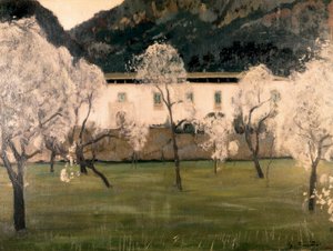 Táj virágokkal a fák között. Santiago Rusinol y (i) Prats (1861-1931) festménye. Olajfestmény Barcelona. Katalónia Nemzeti Művészeti Múzeum.