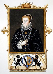 Frances Sidney (1589 körül) sussexi grófnő portréja az "Emlékiratok Erzsébet királynő udvaráról" című kötetből Stephen van der Meulen (1632-1690) 1825-ben kiadott portréja után (akvarell és gouache, papír).
