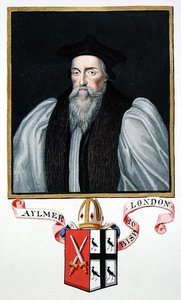 John Aylmer (1521-94) londoni püspök portréja az 1825-ben kiadott "Emlékiratok Erzsébet királynő udvaráról" című kötetből (akvarell és gouache, papír).