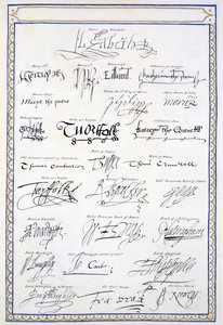 A Tudorok és udvaraik aláírásainak reprodukciója az 1825-ben megjelent „Erzsébet királynő udvarának emlékirataiból” (toll és tinta papíron)