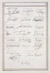 A Tudorok és udvaraik aláírásainak reprodukciója az 1825-ben megjelent „Erzsébet királynő udvarának emlékirataiból” (toll és tinta papíron) alkotó: Sarah Countess of Essex