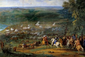 Harmincéves háború: „” A rocroy-i csata (Rocroi) képe 1643.05.19-én Enghien herceg francia csapataival és Francisco de Melo spanyol csapataival szemben” Részlet, Sauveur Le Conte (Leconte) festménye , Le Comte, Lecomte) (1659-1694)