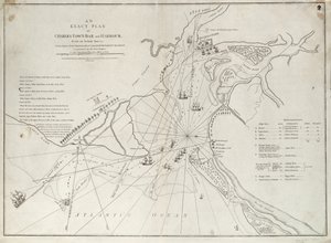 Charles Town bárjának és kikötőjének pontos terve, egy tényleges felmérés alapján, a Sullivan erőd megtámadásakor, 1776. június 28-án, Őfelsége hajóhadának parancsnoka Sir Peter Parker volt.