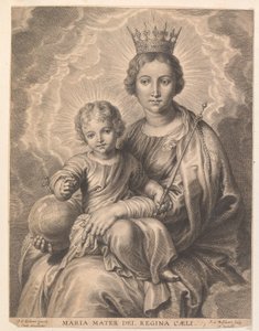 Mária gyermekkel és földgömbbel Maria mater dei, regina caeli (cím a tárgyon)