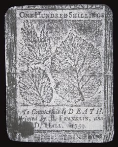 100 shillinges bankjegy, amelyet Benjamin Franklin tervezett és nyomtatott 1759-ben (litho) alkotó: School American