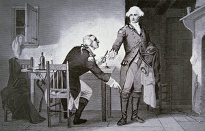 Amerikai áruló: Benedict Arnold tábornok utasítja Andre-t, hogy rejtse el a papírokat a csizmába (litho)