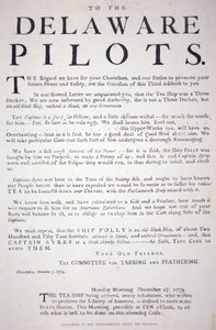 A philadelphiai hazafiak delaware pilótáihoz intézett kiáltványának fakszimile, amely figyelmezteti őket, hogy ne foglalkozzanak a brit teázóval, 1773. december 7. (litho) alkotó: School American