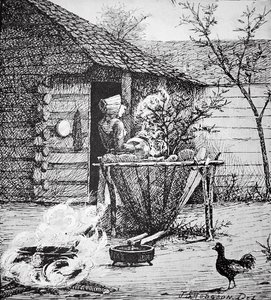 Mezőgazdasági jelenet - egy nő a mosókádnál, J. S. Hodgson illusztrációja után (litográfia) alkotó: School American