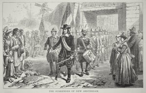 Peter Stuyvesant kormányzó 1664-ben átadja a briteknek Új-Amszterdamot (litho) alkotó: School American