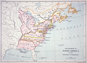 Észak-Amerika gyarmatainak térképe a Függetlenségi Nyilatkozat idején (színes metszet)