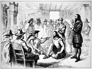 Massasoit, a wampanoag nép főnöke 1621-ben kiterjeszti a békepipát John Carvernek (litho)