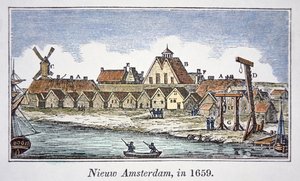 Új Amszterdam (később New York) a Manhattan-szigeten, az 1659-ben megjelent nézetből (színes litho)