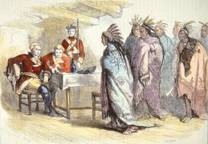 Pontiac meglátogatja Gladwin őrnagyot Fort Detroitban 1763-ban (színes litó)