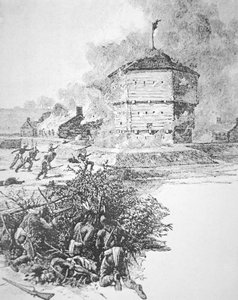 Pontiac, az Ottawa törzs főnöke Fort Detroit ostroma 1763 tavaszán (litho)